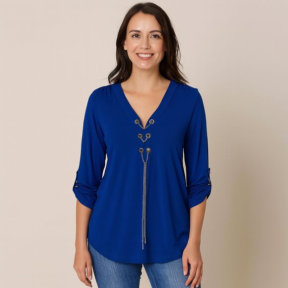 Jules & Leopold Royal Blue Chain Lace-Up Blouse | V-Neck, Roll Tab Sleeves | Siz - Picture 1 of 9